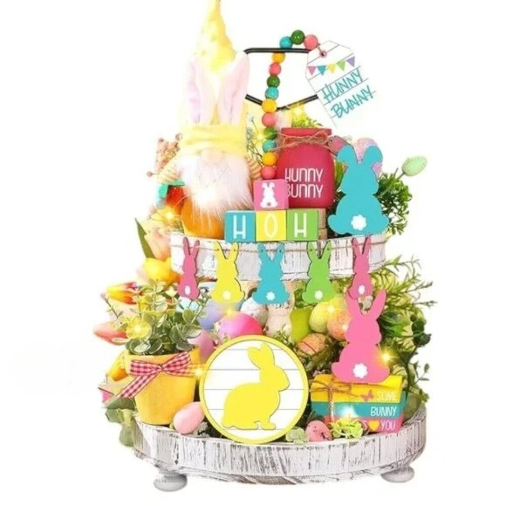 16 Piece Solid Wood Easter Tiered Tray String Lights Rustic Spring Centerpiece